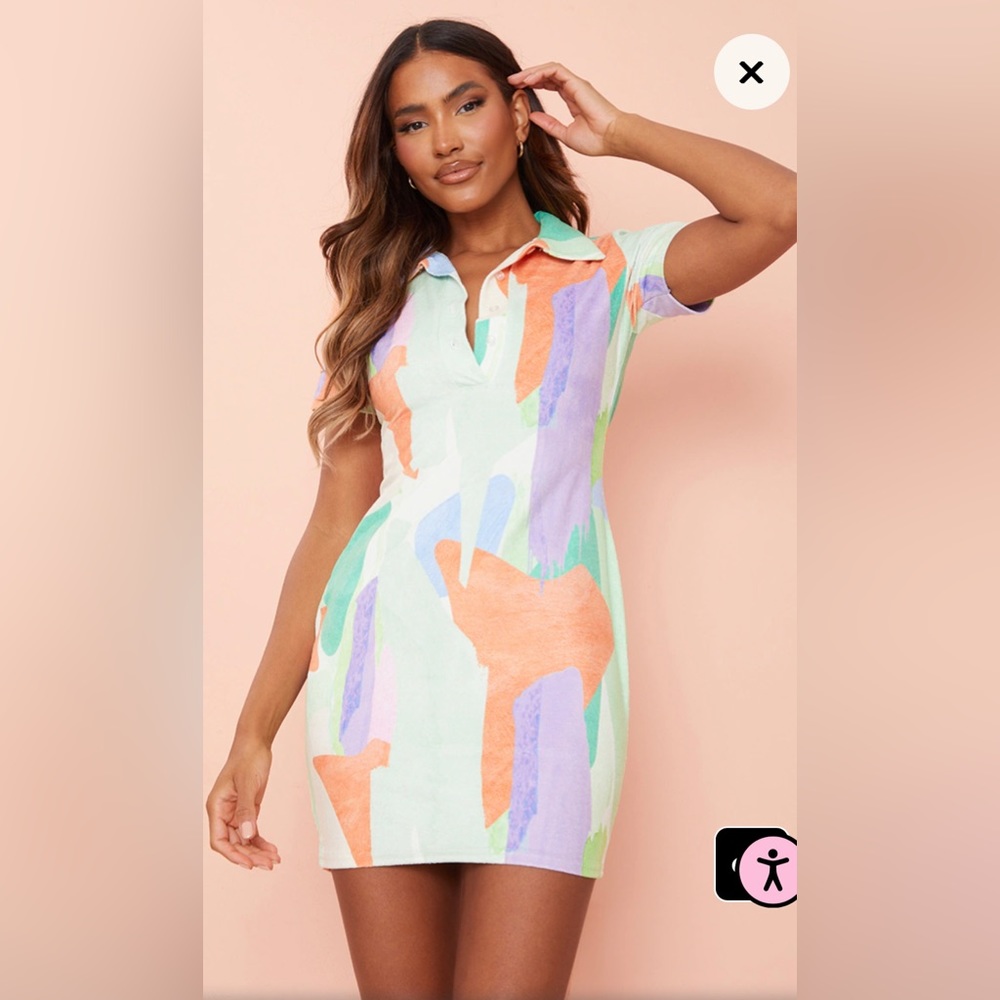 Multi Abstract Velour Polo Collar Bodycon Dress